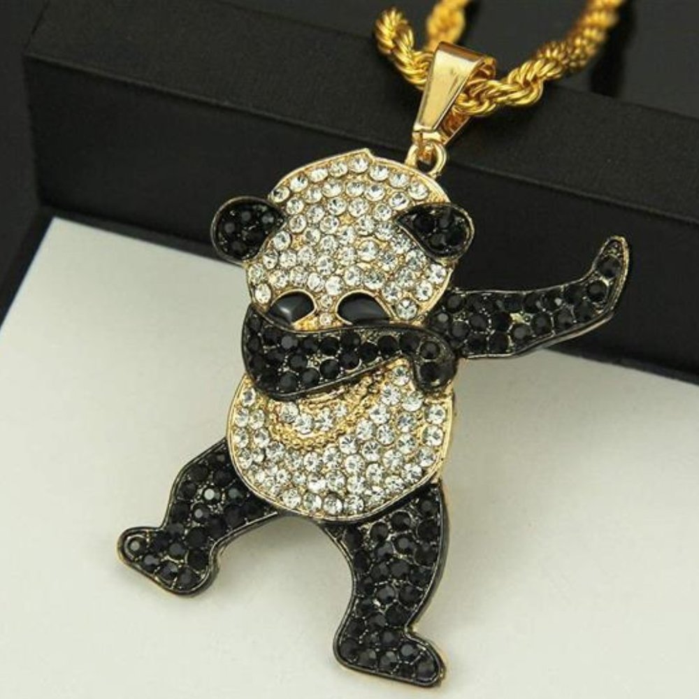 Mens Fully Iced Out Gold Diamond Panda Pendant Necklace Chain